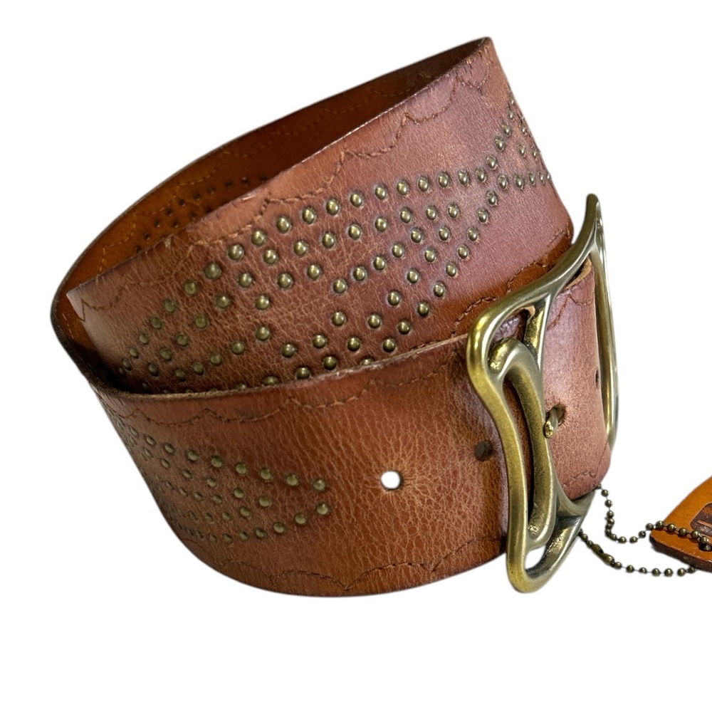 Linea Pelle Vintage Wide Brown Leather Belt Brass Design Large - Picture 2 of 14